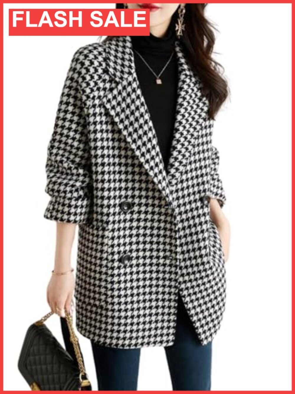 Womens Notched Lapel Double Breasted Pea Coat Houndstooth Wool Blend Overcoat